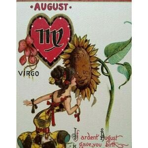 Tuck Postcard Dwig Signed Victorian Lady August Zodiac Virgo Sunflower Ser 128